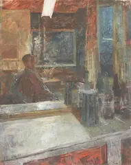 Untitled by Fred Dubery, oil on canvas 92 x 71cm; THE STUDIO AT NIGHT Oil on board 92 x 71cm (3), sold Oct 2019