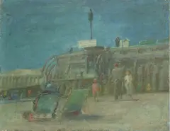 Untitled by Fred Dubery, unframed; THE JETTY Oil on board 30.5 x 45.8cm, sold Oct 2019