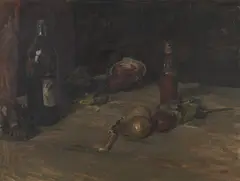 Untitled by Fred Dubery, Fred Dubery (1926-2011) STILL LIFE WITH BOTTLES Oil sketch on board 45 x 60cm, sold Oct 2019
