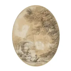 Hubert Robert, Caprice animé de figures, black chalk on paper, black chalk framing lines, oval
