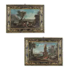 Ecole italienne, Une paire de paysages animés avec ruines, a pair, oil on canvas