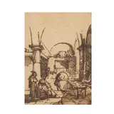 François Marius Granet, Intérieur de cuisine voutée avec Raphaël et la Fornarina, pen and brown ink, on beige paper