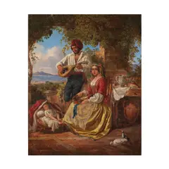 Arthur John Strutt, Famille de paysans napolitains jouant de la musique devant la baie de Naples, oil on canvas