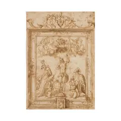 Girolamo da Santacroce, Etude pour un retable avec la résurrection de Christ avec saint Antoine et saint Pierre, pen and brown ink, brown wash on paper laid down on a mount