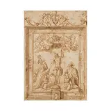 Girolamo da Santacroce, Etude pour un retable avec la résurrection de Christ avec saint Antoine et saint Pierre, pen and brown ink, brown wash on paper laid down on a mount