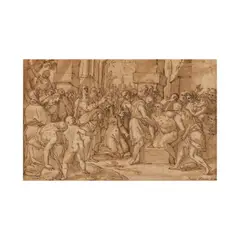 Joachim Wtewael, Résurrection de Lazarus (recto); Etude de figure (verso), pen and brown ink on grey paper, framing lines (recto); black chalk (verso)