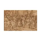 Joachim Wtewael, Résurrection de Lazarus (recto); Etude de figure (verso), pen and brown ink on grey paper, framing lines (recto); black chalk (verso)