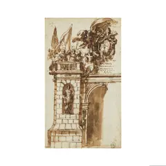 Thomas Blanchet, Projet de décoration avec les armoiries Chigi, pen and brown ink, brown wash on beige paper