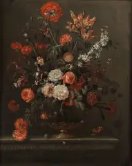 J.S. Bernard, Nature morte aux roses, aux œillets, aux lys dans un vase en bronze, oil on canvas