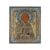 maker's mark 'MG', Moscow by Icône de Saint Nicolas Icon of St. Nicholas, 1898, realistically painted in silver-gilt chased and engraved oklad applied with silver filigree vestment and gospel, sold Apr 2024