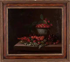 George William Sartorius, Two still lifes of grapes, berries, and cherries in a bowl on a tabletop, oil on canvas