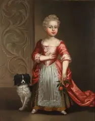 Anglo-Dutch School, Portrait of a child, full-length, in a pink dress holding an orange, with a dog, oil on canvas