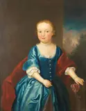Portrait of a child, three-quarter-length, in a blue dress, holding a rose, standing before a window by English School, oil on canvas, sold Apr 2024