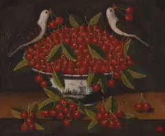 Miguel Canals, Still life with cherries and birds, oil on canvas