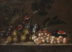 Roman School, Figs and grapes on a stone ledge, oil on canvas