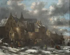 Klaes Molenaer, A winter scene with figures and horses outside a town, oil on canvas