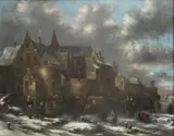 Klaes Molenaer, A winter scene with figures and horses outside a town, oil on canvas