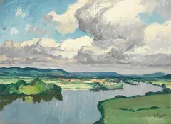A river landscape by Gaston Balande, oil on canvas, sold Apr 2024