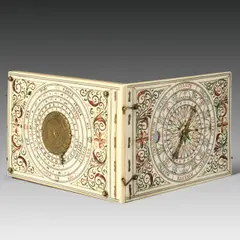 Joseph Tucher, Klappsonnenuhr, 1641, Elfenbein, geschnitten, bemalt; Glas, Messing