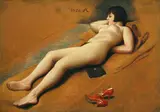Richard Müller, Liegender Frauenakt mit roten Schuhen, 1926, Öl auf Hartfaser