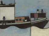 Gerd Arntz, Schleppkahn, 1924, Druckstock aus Holz, farbig gefasst