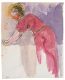 Stehende nach links gebeugte Frau in rotem Kleid mit ausgestreckten Armen by Emil Nolde, Um 1916, Aquarell und Tuschpinsel auf ursprünglich zweifach gefaltetem grundierten Chinapapier, sold Jun 2021