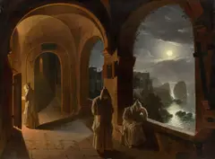 Franz Ludwig Catel, Karthäusermönche in einem nächtlichen Klosterkreuzgang der Certosa di San Giacomo auf Capri mit Blick auf die Faraglioni, Um 1820, Öl auf Leinwand. Doubliert