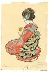 Emil Orlík, Sitzende Geisha mit Satsuma, 1900, Aquarell, Deckweiß und Tusche über Kreide auf Velin