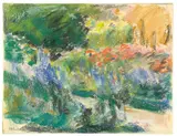 Max Liebermann, Staudenpartie im Nutzgarten des Künstlers am Wannsee“. Ende 1920er-Jahre, Pastell auf Papier (aus einem Zeichenblock)