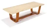 J. R. Davidson, Custom coffee table, Laminated wood, walnut veneer, travertine marble