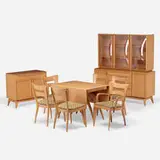 Heywood-Wakefield, Dining set, c. 1950, maple, glass, upholstery