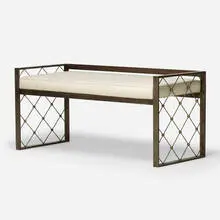 Bench by Jean Royere, c. 1950, bronzed steel, brass, upholstery, sold Oct 2021