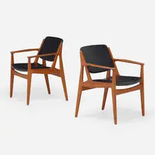 Armchairs, pair by Arne Vodder, 1955, teak, Naugahyde, sold Oct 2021
