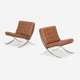 Barcelona chairs, pair by Ludwig Mies van der Rohe, stainless steel, leather upholstery, sold Oct 2021