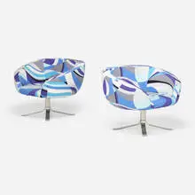Patrick Norguet and Emilio Pucci, Rive Droite armchairs, pair, 2001, upholstery, satin stainless steel
