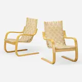 Cantilevered chairs model 406, pair by Alvar Aalto, birch, laminated birch, canvas, sold Oct 2021