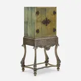 Asprey & Co., Bar cabinet on stand, c. 1920, shagreen over wood, carved and silvered wood, patinated brass, curly maple, glass, mirrored glass