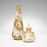 Crown Milano vases, set of two by Mt. Washington Glass Company, sold Feb 2024