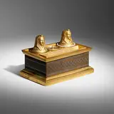 Egyptian Revival, Double inkstand, c. 1900, patinated and gilt bronze, gilt and glazed porcelain, wood