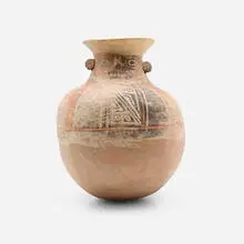 Pre-Columbian, Recuay polychrome figural jar with zoomorphic motifs, ceramic, paint