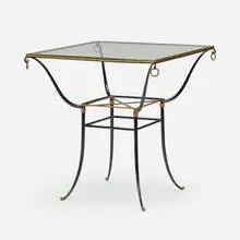 attribution René Prou, Side table, c. 1930, enameled steel, glass, gilt metal, brass