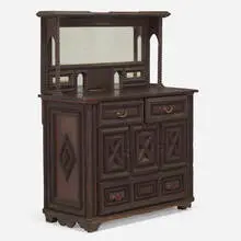 Tramp Art, Sideboard with mirror, c. 1935, stained wood, beveled silvered glass, brass