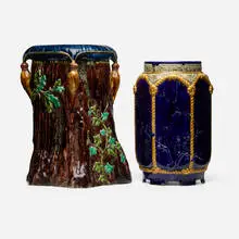 Majolica, Garden stools, set of two, glazed earthenware