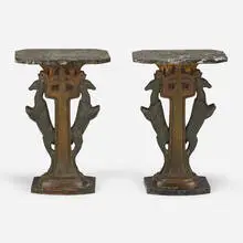 P... Sega, Art Deco occasional tables with leaping deer, pair, c. 1935, patinated metal, enameled wood, marble