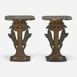 P... Sega, Art Deco occasional tables with leaping deer, pair, c. 1935, patinated metal, enameled wood, marble