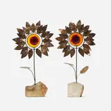 C. Jeré, Sunflowers, pair, 1968, brass, quartz, resin, enameled steel