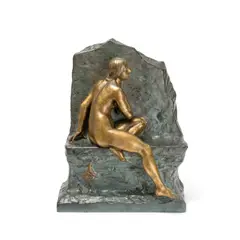 Gustav Obiols, green verdigris patinated and parcel gilt bronze figure of Andromeda, parcel gilt bronze