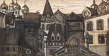 Léonard, Russian town, tempera on cardboard