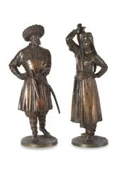 Auguste Joseph Peiffer, pair of patinated bronze figures of 'A Caucasian Warrior' and 'A Caucasian Girl', patinated bronze