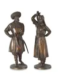 Auguste Joseph Peiffer, pair of patinated bronze figures of 'A Caucasian Warrior' and 'A Caucasian Girl', patinated bronze